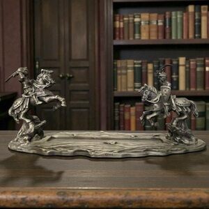 Vintage FORT Pewter Fighting Knights on Horses Tray 6.5” x 2” Desk tray